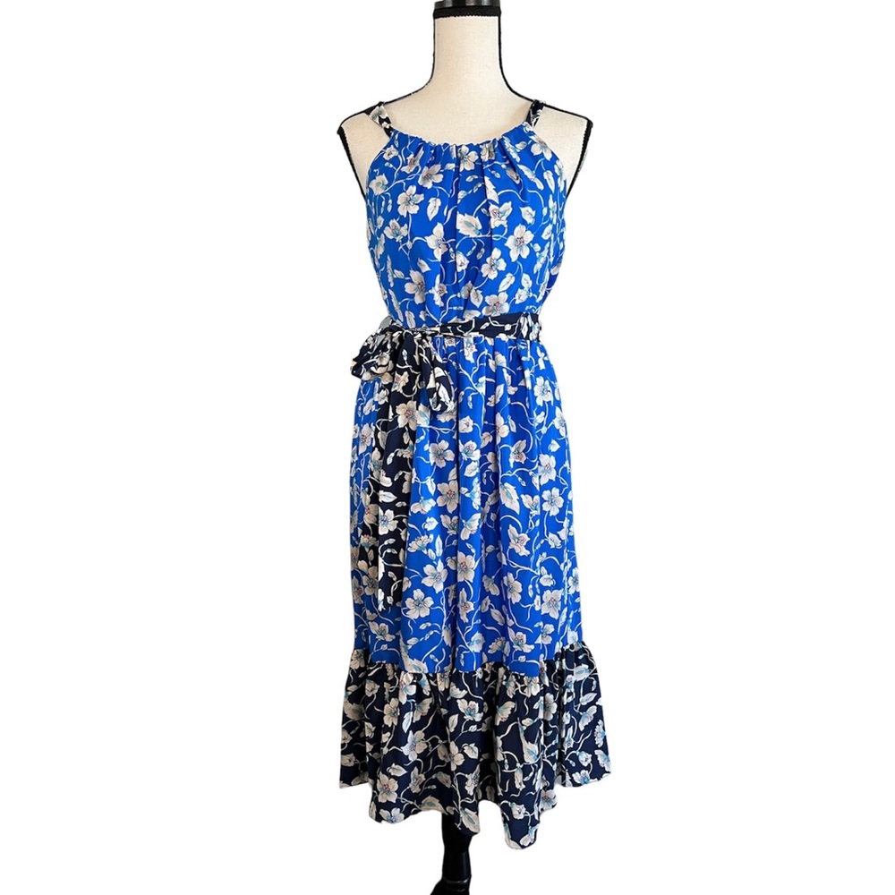Eliza J - Blue Floral Tie Waist Sleeveless Ruffle Midi Dress